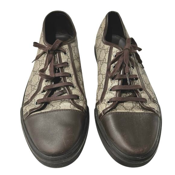 GUCCI Men’s Low Top Cap Toe Sneakers in Brown GG Canvas & Leather-12G(US 12.5) - Picture 2 of 10